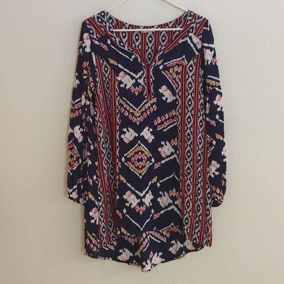Roxy Dresses & Skirts - Roxy Navy Boho Aztec Cover Up Tunic Mini Dress Long Sleeve - Size S